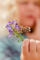 child holding a purple flower with a butterfly