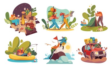 Camping tourist hiking people, adventures in nature vector illustration. Active cartoon characters outdoors, friends and family travel. Healthy lifestyle, backpacking trip, camp in nature, set tourist - obrazy, fototapety, plakaty