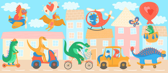 Cute dinosaurs cartoon characters riding transport, vector illustration. Dino town with childish animals street traffic, dinosaur driving car, scooter, bicycle, airplane and helicopter. Cartoon city