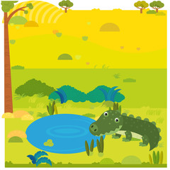 Obraz premium cartoon safari scene wild animal alligator crocodile on the meadow illustration
