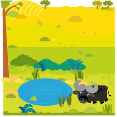 cartoon safari scene with wild animal buffalo on the meadow illustration