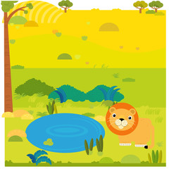 Obraz na płótnie Canvas cartoon safari scene with wild animal lion on the meadow illustration