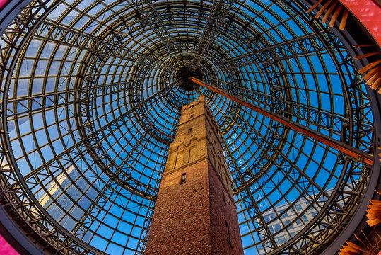 Melbourne Central Shot Tower, view from under the glass dome looking up, Melbourne, Victoria, Australia