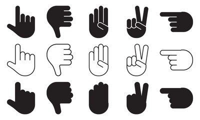 Different hands gestures of human, set of black and white icons, flat design, outline, silhouettes. Vector illustration