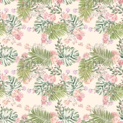 Poster romantic tropical palm leaf greenery english rose pattern seamless aloha romantic modern summer retro © January Bloom