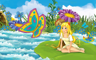 cartoon girl in the forest sailing in the river on the leaf with a butterfly illustration