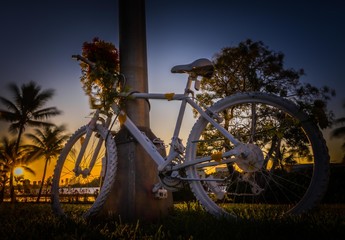 Naklejka na ściany i meble bicycle cycling sport cycle sunrise sunset white wheel silhouette sun blue landscape florida miami
