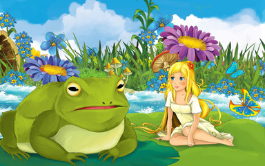 cartoon girl in the forest sailing in the river on the leaf with a wild frog toad