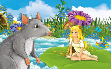 cartoon girl in the forest sailing in the river on the leaf with a wild rat or mouse