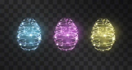 Rotating easter eggs light effect set. Vector glowing swirling festive ball of shining stardust sparkles on transparent background. Glittering flamboyant illuminated capsules. Glistening wind clouds. © Manon Labe