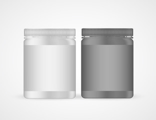 Protein plastic jars isolated on white background. Containers with fitness supplements ready for branding. Nutrition, training, sports support dry powder substances package for mock-up, ads.