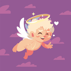 Happy valentines blond cupid cartoon and clouds vector design