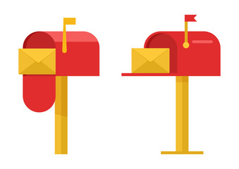 Red mailboxes with yellow envelope. Vector illustration