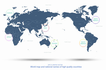 Fototapeta na wymiar world map named vector. detailed continents world map 