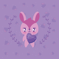 Happy valentines rabbit cartoon with leaves wreath vector design