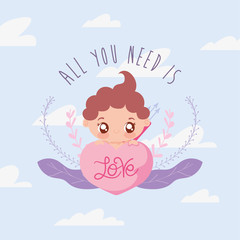 Happy valentines cupid cartoon and leaves vector design