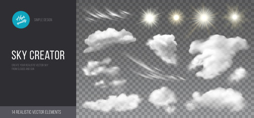 Sky creator. Realistic set of clouds and sun on transparent background. Vector design elements for creating sky cards, poster or banners. - obrazy, fototapety, plakaty