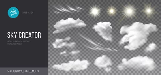 Zelfklevend Fotobehang Sky creator. Realistic set of clouds and sun on transparent background. Vector design elements for creating sky cards, poster or banners. © Valedi 