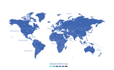 Fototapeta na wymiar Detailed World map with Blue