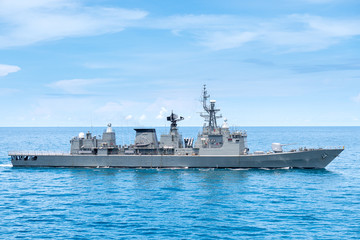 Guided missile frigate type navy ship sails in the sea to protect sea line of communcation or SLOC