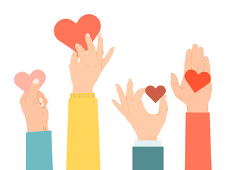 Hands holding a hearts vector illustration. Many hands hold hearts to give and share love to people concept. Charity, philanthropy, compassion and care symbol