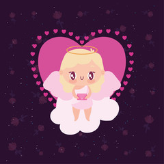 Happy valentines blond cupid cartoon over cloud vector design