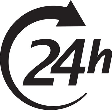 Service open 24h hours day. Black icon isolated on white background. Vector illustration