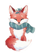 Cute hand painted fox illustration with red fox wearing a blue scarf in cold winter weather, cute adorable woodland animal art