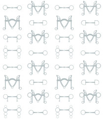 Vector equestrian seamless pattern of outline flat cartoon different horse bits isolated on white background