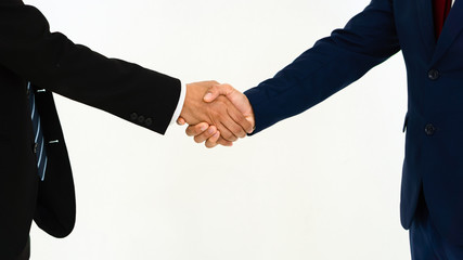 hands of businessmen in business suit having handshake after success of making deal isolated on white background with clipping path