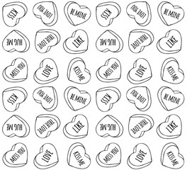 Vector seamless pattern of different black outline hand drawn doodle sketch valentine candy hearts with love text isolated on white background
