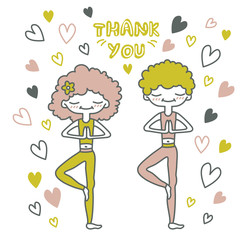 Vector isolated illustration with cute people in a tree pose surrounded by hearts. Loving couple doing yoga. Lettering thank you. Picture for cards, cards, sites for yoga, gratitude. Printable.