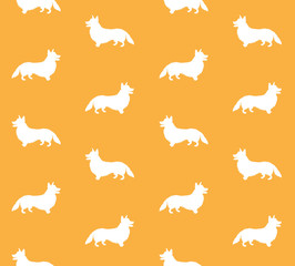 Vector seamless pattern of white corgi dog silhouette isolated on orange background