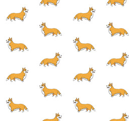 Vector seamless pattern of colored hand drawn doodle sketch corgi dog isolated on white background