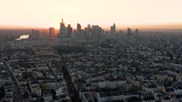 Aerial View of the Skyline of Frankfurt am Main, Germany at Sunset | Dronefootage
