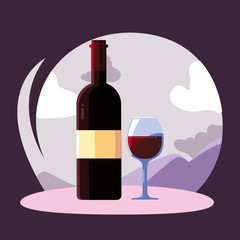 Wine bottle and cup in front of landscape vector design
