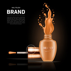 Realistic open nail polish bottle with splash and golden lid on black background. Cosmetic brand advertising concept design