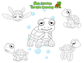 Coloring the Cute Turtles Cartoon Set. Educational Game for Kids. Vector illustration With Cartoon Happy Animal