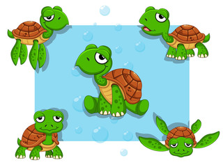 Cute Turtles Cartoon Characters Set. Vector illustration With Cartoon Happy Animal