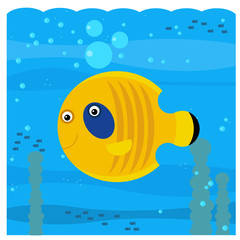Cartoon underwater scene with swimming coral reef fish - illustration