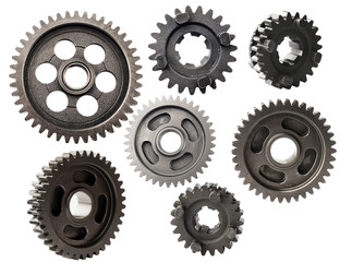 Metal gear wheel or pinion part , Motorcycle Gear driven gear reduction ratio isolated on white background.