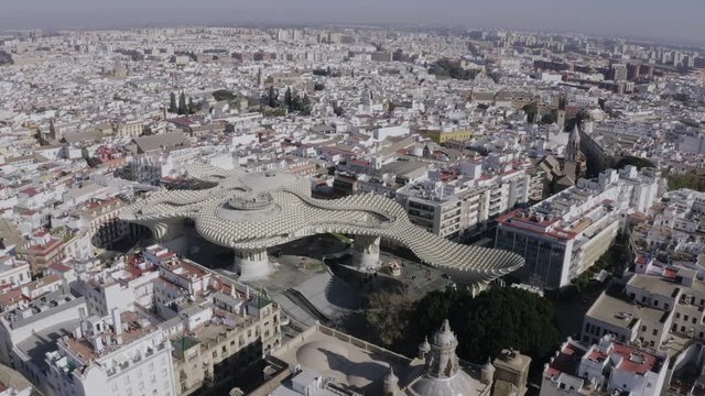 Aerial View of the Metropol Parasol in Seville, Andalucia, Spain | Dronefootage