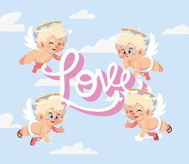 Happy valentines blond cupids cartoons vector design