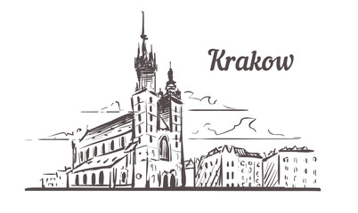 Fototapeta Krakow skyline sketch. Krakow, Poland hand drawn illustration obraz
