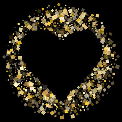 Birthday gold square confetti tinsels flying on black. Chic holiday vector sequins background. Gold foil confetti party elements isolated. Light dust particles surprise backdrop.