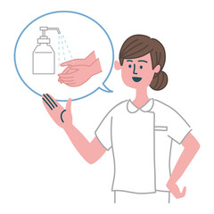 白衣　女性　看護師　アルコール　消毒　予防