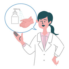 白衣　女性　医者　アルコール　消毒　予防