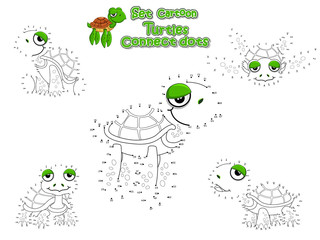 Connect The Dots and Draw Cute Turtles Cartoon Set. Educational Game for Kids. Vector Illustration Happy Animal