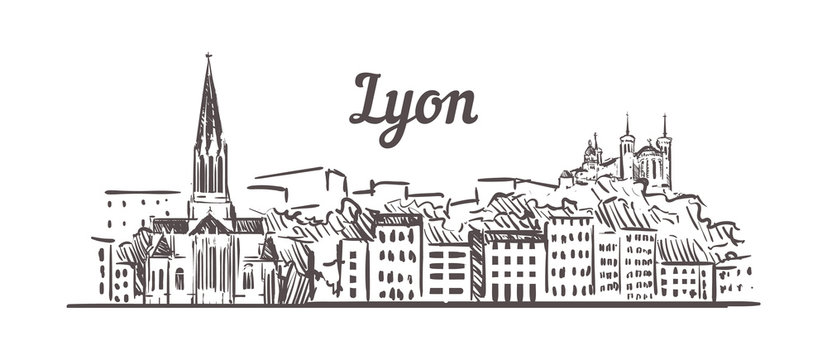 Lyon skyline sketch. Lyon, France hand drawn illustration isolated