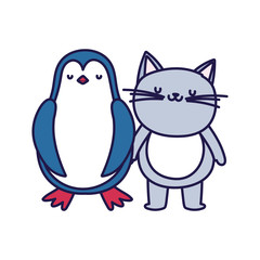 little cat and penguin cartoon character on white background